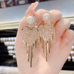 Pearl full diamond tassel earrings