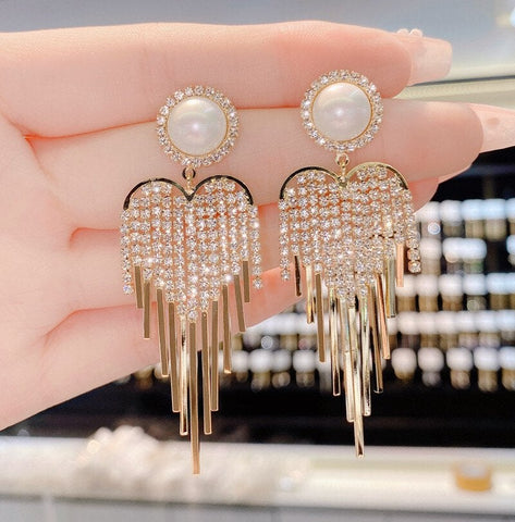 Pearl full diamond tassel earrings